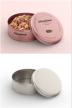 two tins with cookies in them sitting next to each other on a pink background