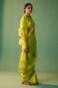 Lime green habutai silk and organza saree with dori, marori and zardosi hand embroidery. - Aza Fashions Designer Pista Green Pre-draped Cotton Silk Saree, Green Traditional Wear With Gota Work In Tissue Silk, Green Organza Pre-draped Saree Traditional, Pista Green Cotton Silk Pre-draped Saree With Cutdana, Green Organza Pre-draped Saree, Designer Chanderi Pre-draped Saree In Pista Green, Green Organza Pre-draped Saree With Cutdana, Green Organza Pre-draped Saree For Festivals, Green Cotton Silk Dupatta With Dori Work