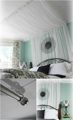 a collage of photos showing the inside of a bedroom with curtains and bedding