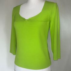 Bright Lime-Green Viscose Blend Stretchy Kit Top With ¾ Sleeves Size Small Joseph A. Quest-Cequec’est Silk 65% Viscose 35% Nylon Hand Wash In Coldwater Drive Flat Or Dry Clean Made In China Which Garment Lying Flat, From Left Armpit To Right Armpit Is 16 Inches From Label To Bottom Is 19 1/2 Inches . Green Stretch Top With 3/4 Sleeves, Green Fitted Top With 3/4 Sleeves, Shirt With Chains, White Short Sleeve Shirt, Embellished Collar, Petite Shorts, Silk Shorts, Short Sleeve Button Up, Embroidered Top