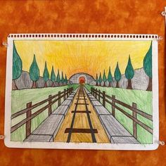 a drawing of a road going into a tunnel with trees on the other side and an orange sky in the background