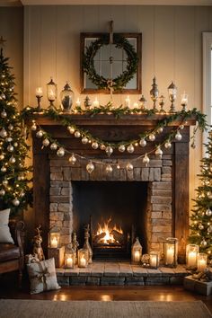 a fireplace decorated for christmas with lit candles