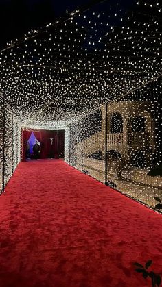 a red carpeted hallway with white lights on the ceiling