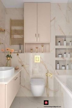 a bathroom with marble walls and flooring is shown in this image, there are shelves on either side of the toilet