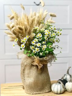 a vase filled with white flowers sitting on top of a table next to pumpkins