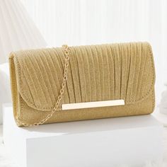 Details:Glitter \nStyle:Glamorous \nStyle:Minimalist \nColor:Gold \nMagnetic:Yes \nStrap Type:Chain \nPattern Type:Plain \nBag Size:Small \nClosure Type:Magnet \nPattern Type:All Over Print \nType:Envelope Bag \nPattern Type:Textured Pattern \n Envelope Handbag, Party Clutch, Purse For Women, Envelope Bag, Evening Clutch Bag, Bag Women, Clutch Purse, Textures Patterns, Luggage Bags