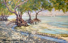 an oil painting of mangrove trees on the beach