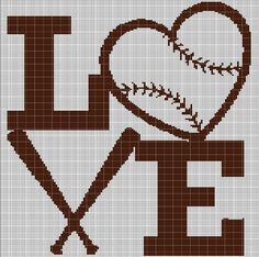 a cross stitch pattern with the word love and a baseball in the shape of a heart