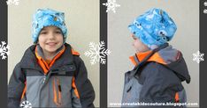 two pictures of a young boy wearing a blue and gray hat with snowflakes on it