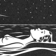 a black and white drawing of a woman floating in the water with stars above her