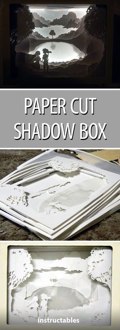 paper cut shadow box is shown with instructions to make it