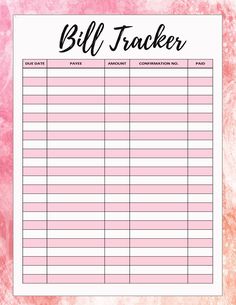 a pink and white printable bill tracker with the words bill tracker written on it