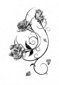 a drawing of roses with swirls and leaves