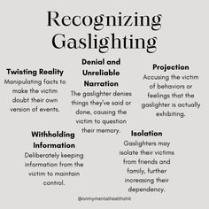 Gaslighting is a form of emotional abuse where a person seeks to undermine another's reality, making them doubt their perceptions, memories, or sanity. Gaslighting is a harmful form of emotional manipulation that can leave lasting scars on an individual's mental health. Recognizing the signs, understanding its impact, and taking proactive steps to overcome gaslighting are crucial for reclaiming one's sense of self and well-being. Remember, you are not alone, & seeking help is a sign of strength Signs Of Being Manipulated, Effects Of Gaslighting, Is He Manipulating Me, Definition Of Gaslighting, What Is Gaslighting Relationships, Emotional Manipulators Signs, How To Respond To Gaslighting, Examples Of Gaslighting, Gaslighting Examples