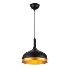 the black and gold pendant light is hanging from a metal rod, with an oval shaped shade