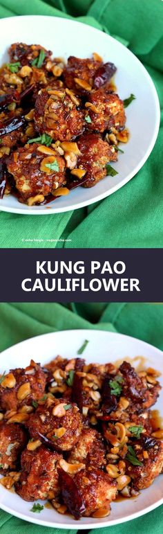 two white plates filled with food on top of a green table cloth and the words kunng pao cauliflower