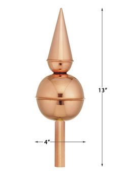 a copper colored metal object with measurements for the top and bottom part, on a white background