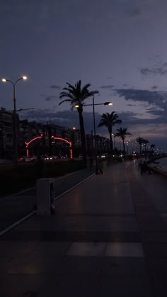 an empty sidewalk next to the ocean at night with palm trees and street lights in the background