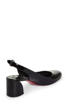 A rounded toe balances the bold, architectural heel of this patent-leather slingback pump grounded by that iconic Louboutin-red sole. 2 1/4" (55mm) heel Adjustable slingback strap with buckle closure Wipe with a soft, dry cloth and store in a dust bag Please note the red lacquer on soles will wear off as a result of normal use. To minimize the effect, avoid wearing in wet weather or on abrasive surfaces Leather upper, lining and sole Made in Italy Women's Designer Shoes Formal Patent Leather Slingback Pumps With Red Sole, Luxury Patent Leather Slingback Pumps With Red Sole, Luxury Slingback Pumps With Red Sole In Patent Leather, Elegant Patent Leather Slingback Pumps With Red Sole, Sleek Slingback Heels With Glossy Finish, Slingback Patent Leather Heels With Glossy Finish, Patent Leather Slingback Pumps With Sculpted Heel, Black Patent Leather Slingback Pumps With Contrasting Heel, Patent Leather Round Toe Slingback Pumps With Sculpted Heel