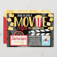 a movie night party ticket card with the words, join us for a movie night to celebrate