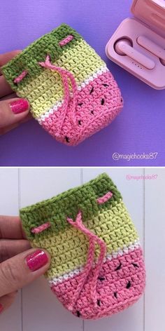 crocheted watermelon purse with pink nail polish and matching case for it