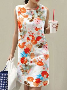 Orange Casual Collar Sleeveless Woven Fabric Floral,Plants,All Over Print Tank Embellished Slight Stretch  Women Clothing Casual Tanks, Evening Gowns Elegant, Classy Chic, Vestido Casual, Dress For Short Women, Summer Floral, Tank Dress, Women Lingerie, Summer Women