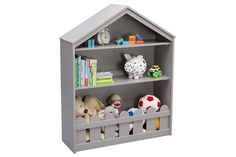 a book shelf with stuffed animals and toys on it's sides, in front of a white background