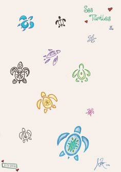 an assortment of sea turtle wall decals on a white background with the words sea turtles written below them