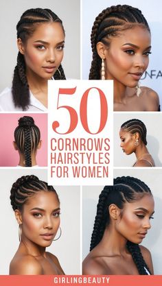 50 best cornrows hairstyles for women! From intricate patterns and bold designs to classic straight backs and creative side cornrows, find the perfect braided look to express your style. Perfect for any occasion. #Cornrows Cornrow Two Ponytails, Chunky Cornrows For Black Women, Cornrow Braids To The Side, Cornrows In A Bun Updo, Braided Up Hairstyles For Black Women, Front Hair Braided Hairstyles, Cornrows With Individual Braids, Simple Two Braids Hairstyle, Cornrows Braids Hairstyles 2024