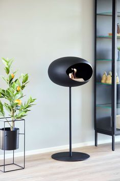 a plant in a pot on a stand next to a book shelf