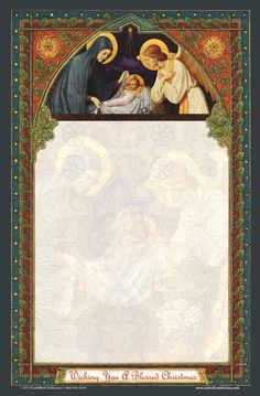 a christmas card with an image of the birth of jesus and two angels on it