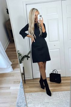 Casual Fall Black Dress Outfit, Dress And Boots Office Outfit, Sock Boots Outfit Dress, Fall Work Dresses, Black Booties Outfit Work, Black Dress With Boots Outfit, Work Outfit With Boots, Black Dress With Tights And Boots, Black Ankle Boots Outfit Dressy