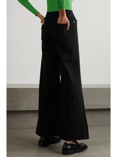 FRAME Le Palazzo high-rise wide-leg jeans Modern Black Flare Jeans With Five Pockets, Modern High-waist Black Flare Jeans, Modern High Waist Black Flare Jeans, Modern Black Cotton Flare Jeans, Modern Black Flare Jeans, Modern Black Mid-rise Flare Jeans, Modern Black Denim Flare Jeans, Black Wide Leg Pants With Five Pockets, Black Denim Wide Leg Pants For Fall