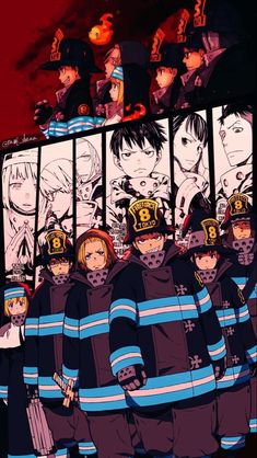 the fire fighters are lined up in front of an anime poster