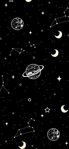 a black and white background with stars, planets and the moon on it's side