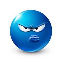 a blue ball with an angry face drawn on it's side and eyes wide open