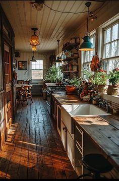 an old fashioned kitchen with wooden floors and lots of potted plants