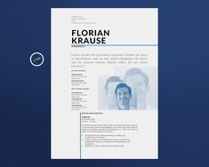 a blue and white resume is displayed on a dark background with the words florisian krause above it