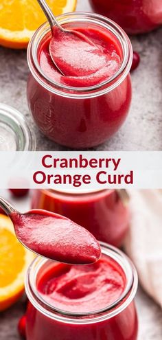 cranberry orange curd in jars with spoon