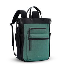 a green backpack with black straps and zippers on the front, sitting against a white background