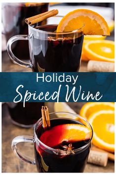 two mugs filled with hot mulled wine and cinnamon stick garnishes