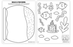 two coloring pages with fish and castle on them