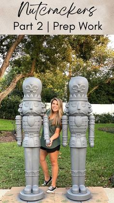 Liz Rishel | DIY Home & Garden on Instagram: "It is time!! Nope, this isn’t the final look. Although, I don’t mind this stone/statue vibe going on. The nutcrackers just got a coat of gray primer so their transformation can officially begin. Last thing we want is the new paint color scratching off. Promise you, the prep work is always worth it!" How To Build A Nutcracker, Spray Painted Nutcracker Diy, How To Paint Nutcracker, Giant Nutcracker Makeover, Diy Walmart Nutcracker, Nutcracker Diy Painting