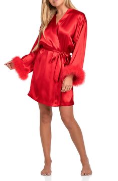 Fluffy marabou cuffs frame a flirty wrap robe cut from luxuriously smooth satin in a fiery hue. 33 1/2" length Open front Long sleeves Removable tie belt 100% polyester with marabou feather trim Dry clean Imported Marabou Robe, In Bloom By Jonquil, Feather Trim, Sweaters And Leggings, Comfortable Sandals, Comfortable Dress, Tie And Pocket Square, In Bloom