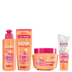 The struggle of growing your hair can be a disheartening task, but not with the L’Oréal Paris Elvive Long Hair Regime. This set features four sensational products, harmonising to help you create the flowing, lustrous locks of your dreams.  The Set Contains:  Elvive Dream Lengths Long Hair Shampoo (500ml)  This replenishing shampoo defends against split, damaged ends to prolong time between haircuts. Protein-rich Keratin helps soften strands for a silky-smooth finish, while added Vitamins and anti-inflammatory Castor Oil soothe and fortify the scalp, stimulating blood flow to promote thicker, shinier results. Striving to protect against breakages and reduce the appearance of split ends, the shampoo reinforces lengths and strengthens strands to help you achieve the hair of your dreams.  Elvi Long Hair Shampoo Best, Shampoo For Long Hair, Long Hair Shampoo, Hair Repair Diy, Growing Your Hair, Damaged Hair Diy, Keratin Oil, Loreal Hair, Hair Growth Secrets