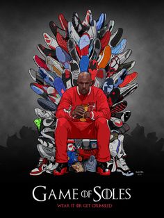 a man sitting on top of a large iron throne covered in colorful nikes and sneakers