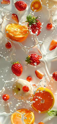 some fruit is falling into the water and being splashed on top of each other