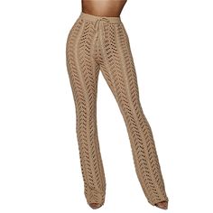 Khaki Hollow-out Crochet Beach Pants Non-stretch Brown Pants For Beach, Summer Beach Pants With Open Knit, Beige Stretch Beachwear Bottoms, Summer Beach Open Knit Pants, Summer Open Knit Beach Pants, Summer Wide Leg Open Knit Pants, Spring Beach Open Knit Bottoms, Wide Leg Open Knit Pants For Summer, Open Knit Wide Leg Pants For Summer