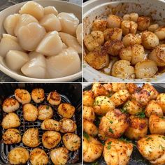 four pictures showing different types of food being cooked