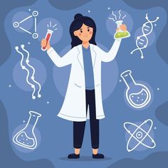 a woman in white lab coat holding a beakle and flask with science icons around her